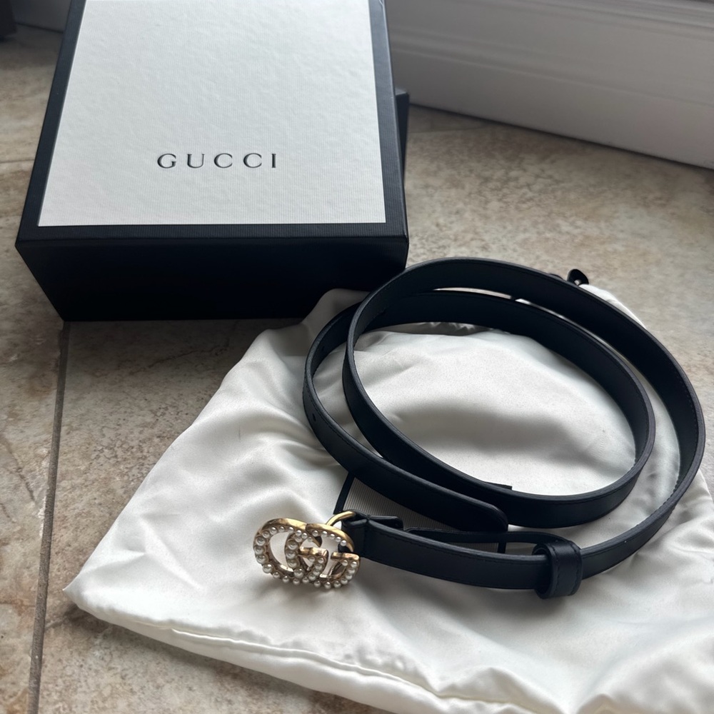 Gucci Pearl GG Marmont Leather Belt Black Gold Buckle Size 90 36